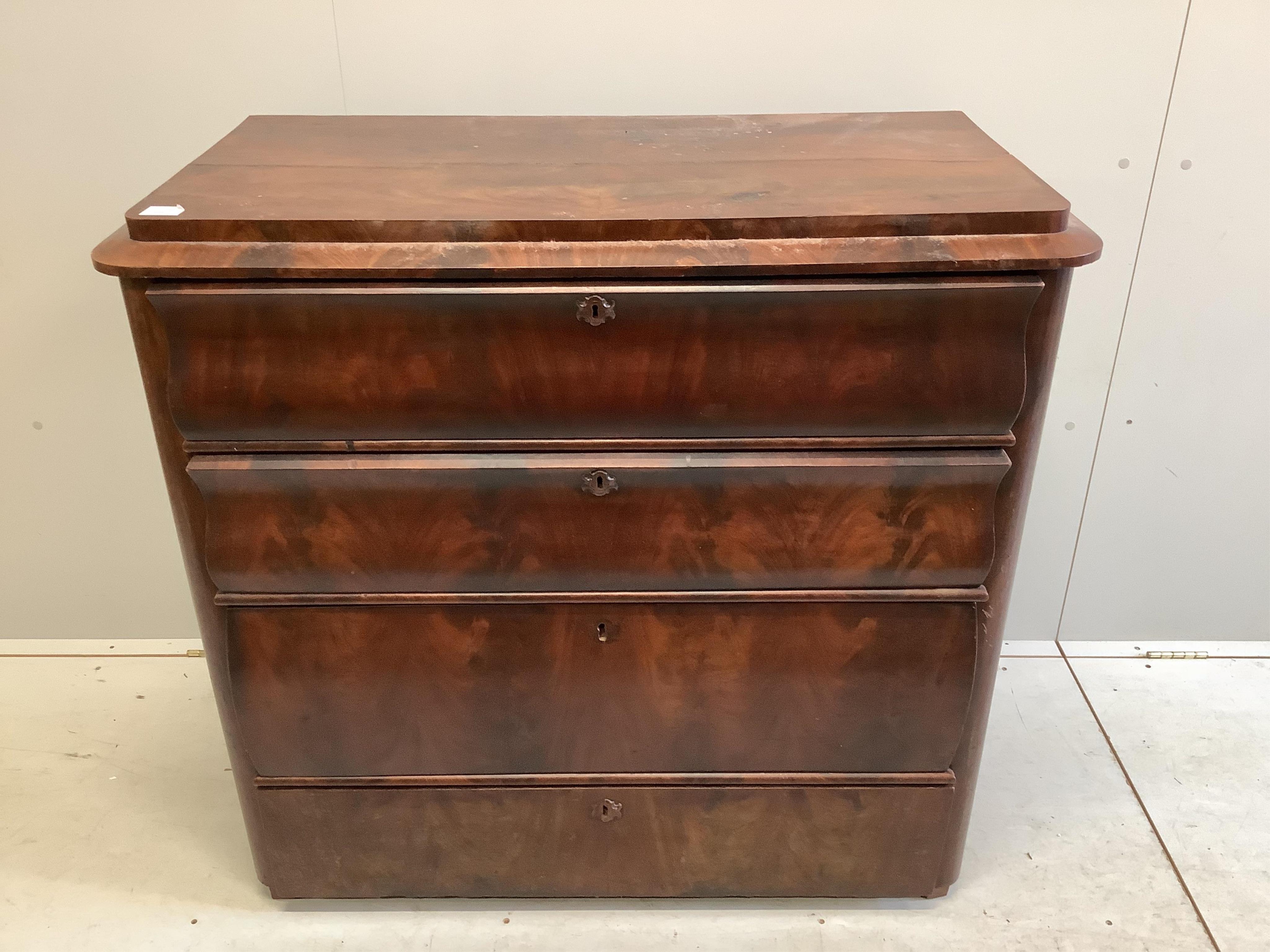 A mid 19th century French mahogany chest of drawers, width 105cm, depth 52cm, height 99cm. Condition - poor